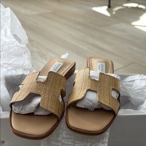 Beige Woven Slide Sandals